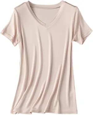 Womens Silk T Shirt Short Sleeve V-Neck Top Undershirt Breathable Mulberry Silk Tee Basic Tops