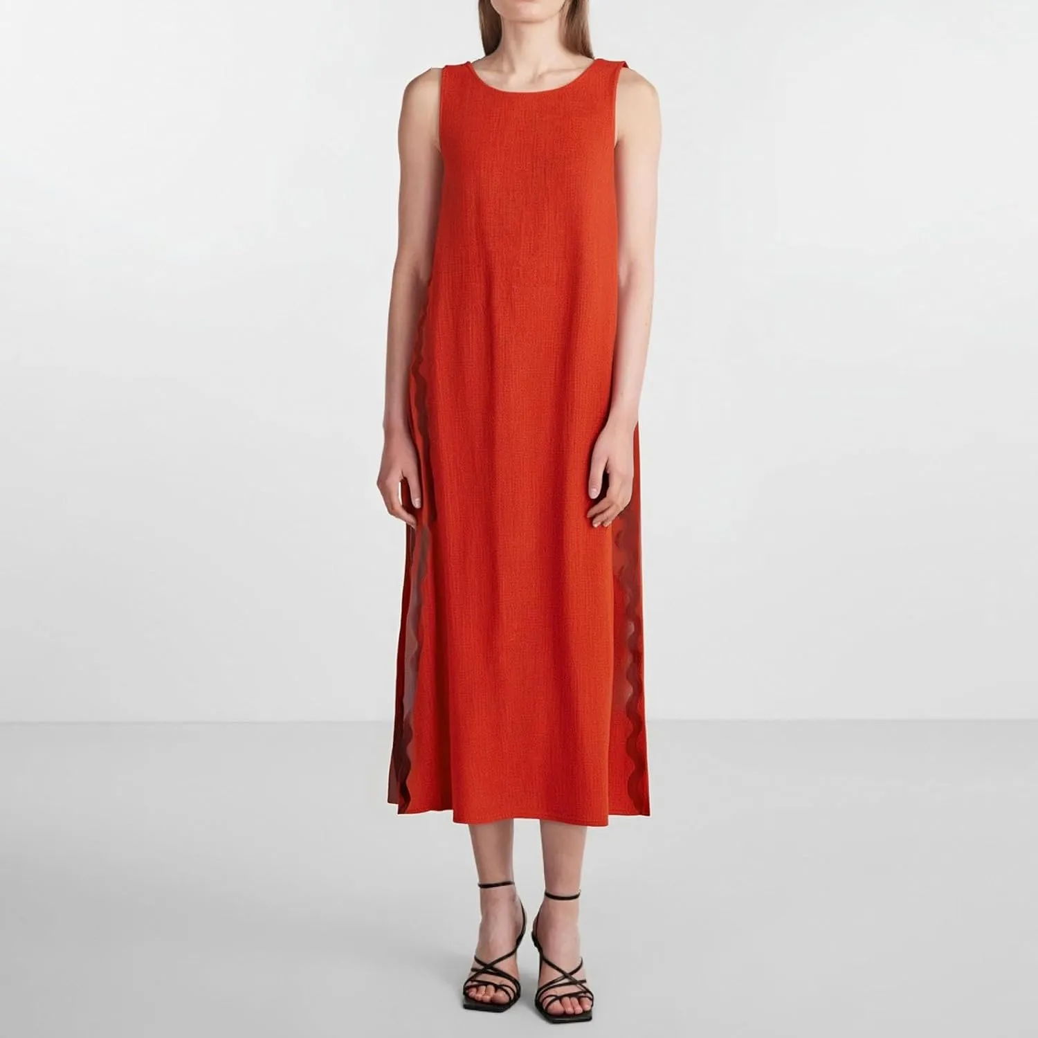 Women's Sleeveless Round Neck Solid Color Lace Slit Midi Dress Women Dresses Log
