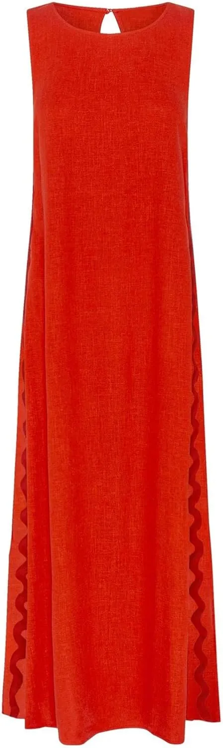 Women's Sleeveless Round Neck Solid Color Lace Slit Midi Dress Women Dresses Log