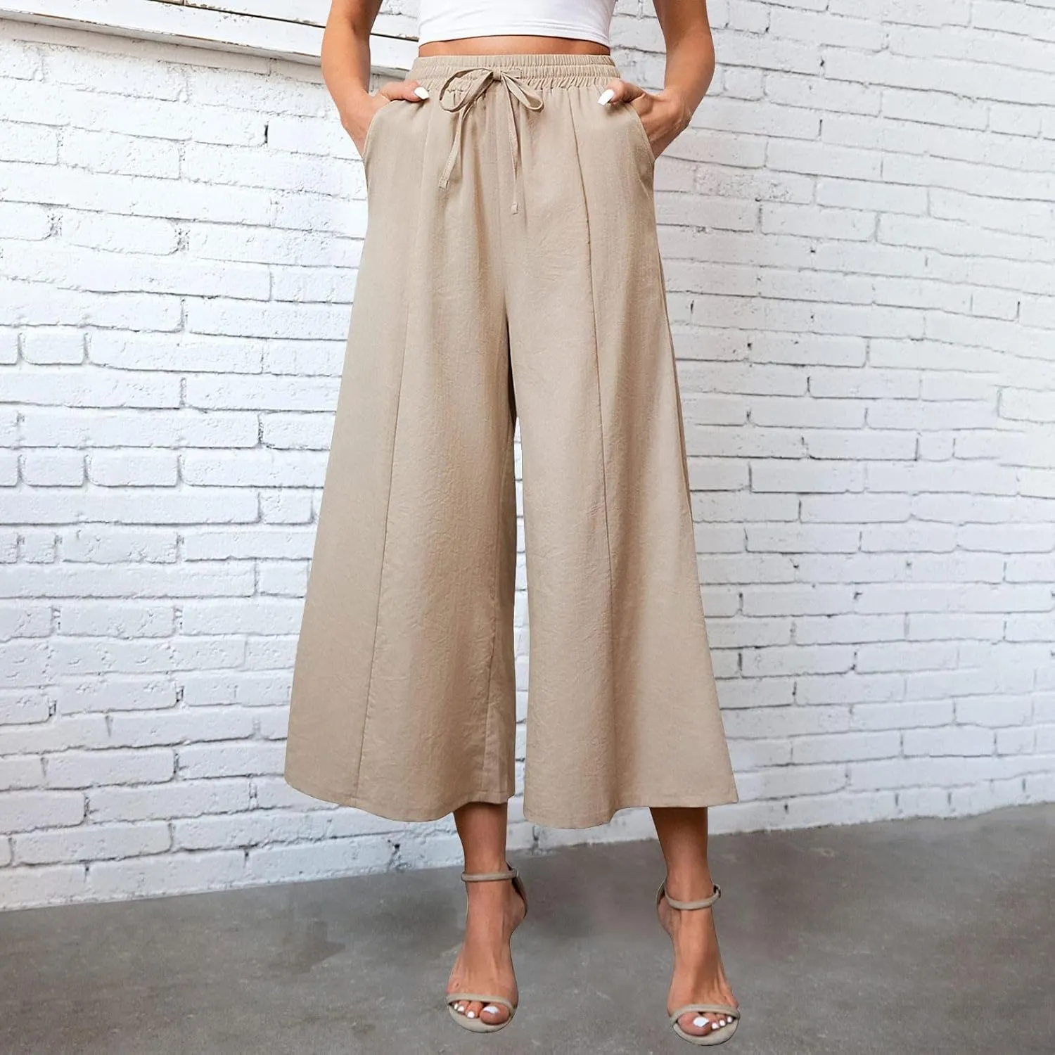 Womens Solid Pants Drawstring Elastic High Waisted Wide Leg Pant Summer Baggy Casual Trousers with Pockets