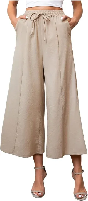 Womens Solid Pants Drawstring Elastic High Waisted Wide Leg Pant Summer Baggy Casual Trousers with Pockets