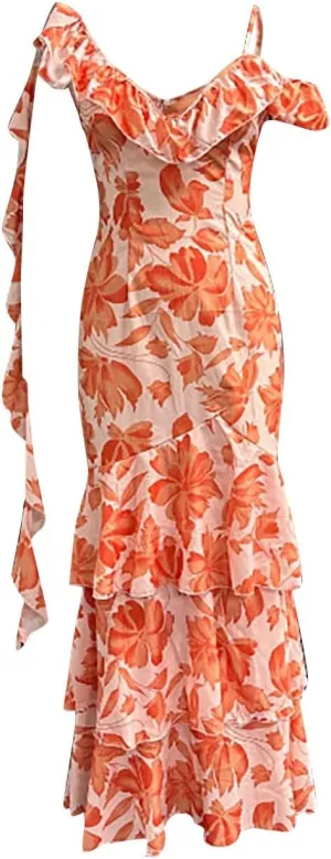 Women's Strapless Dress Ruched Bodycon Mini Dress Ruffle Hem Party Cocktail Short Dresses Orange