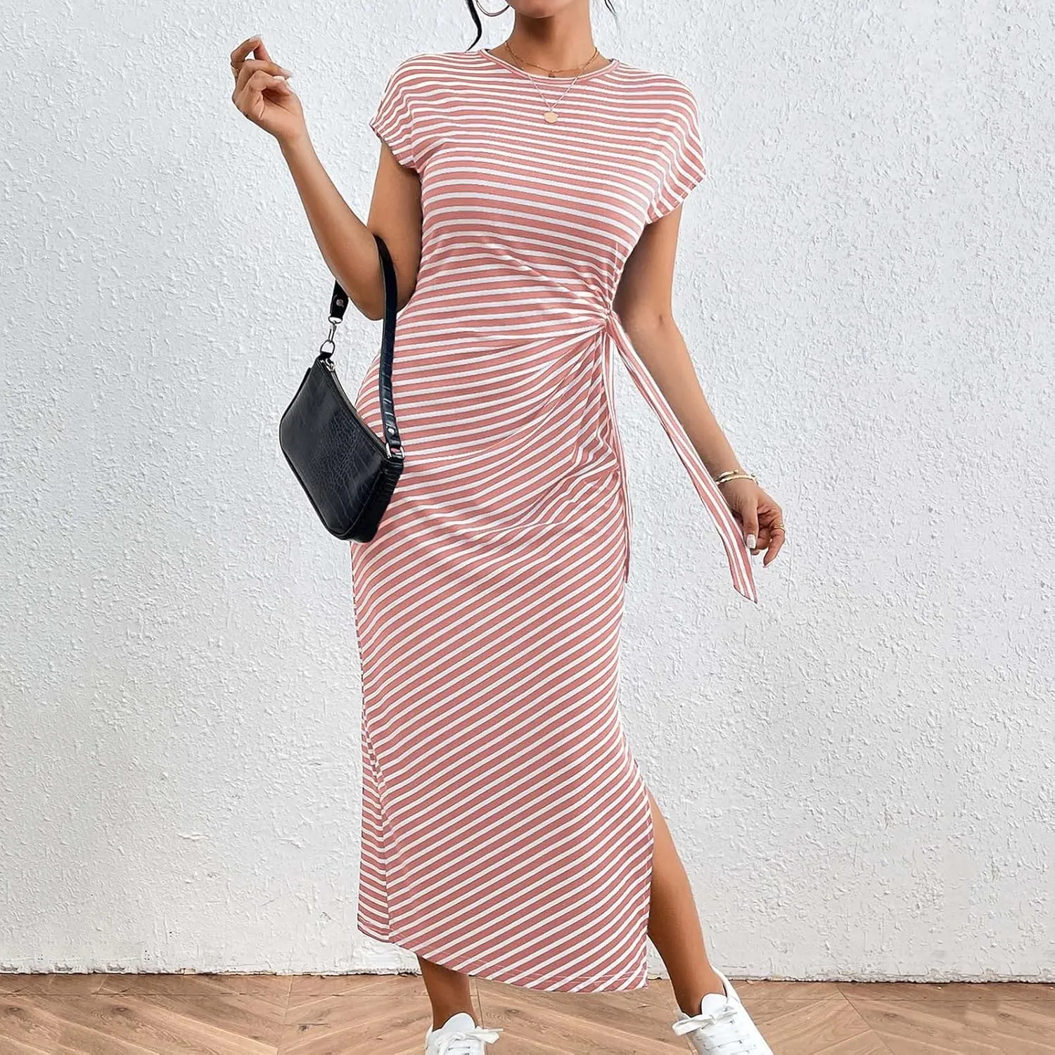 Women's Striped Round Neck Midi Dress Casual Fashion Color Block Short Sleeve Side Tie Knot Split Long Travel Dresses