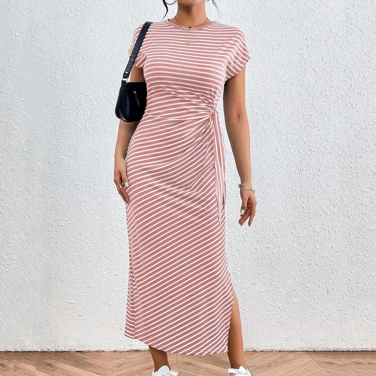 Women's Striped Round Neck Midi Dress Casual Fashion Color Block Short Sleeve Side Tie Knot Split Long Travel Dresses