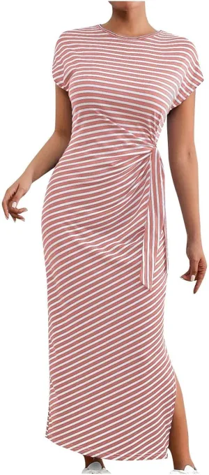 Women's Striped Round Neck Midi Dress Casual Fashion Color Block Short Sleeve Side Tie Knot Split Long Travel Dresses