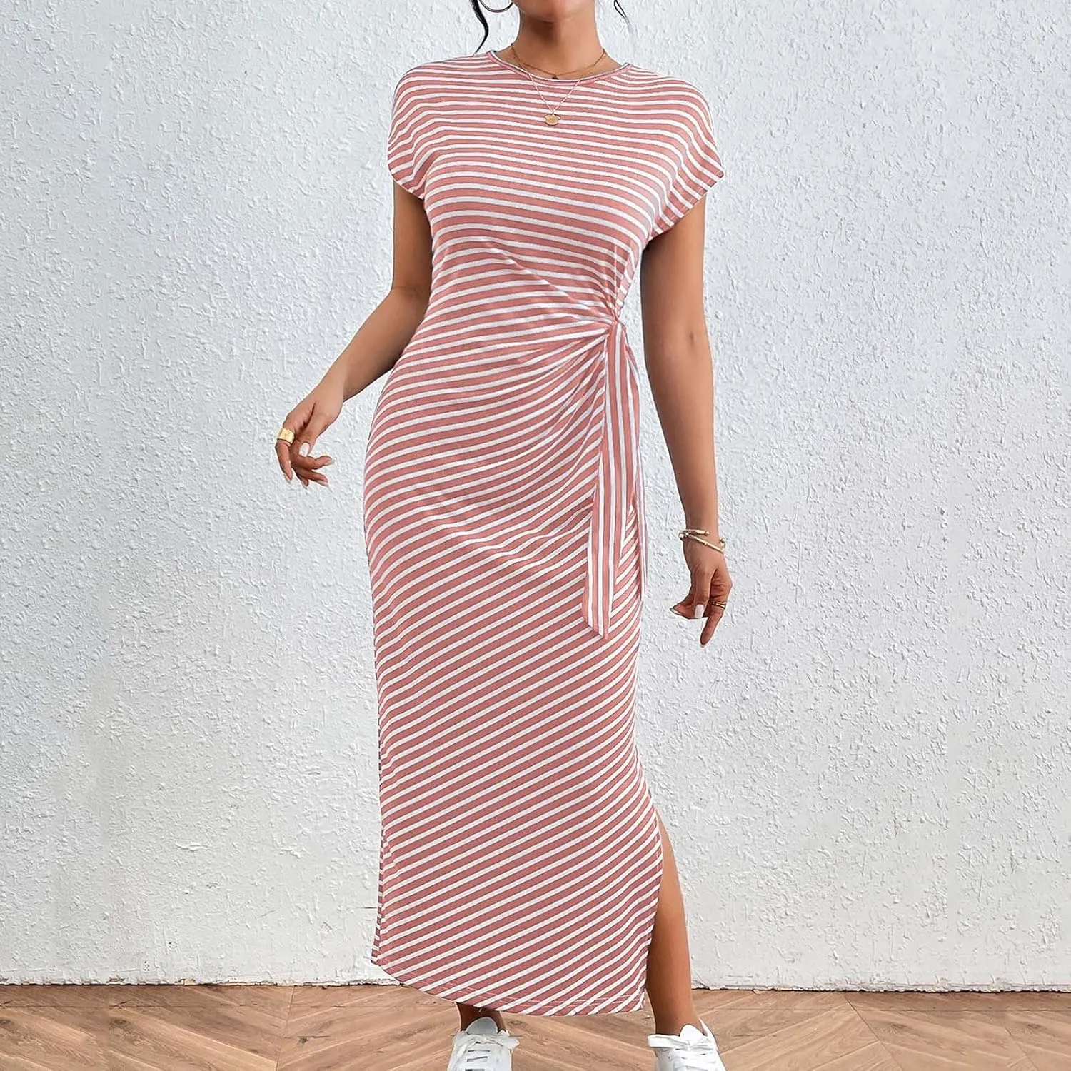 Women's Striped Round Neck Midi Dress Casual Fashion Color Block Short Sleeve Side Tie Knot Split Long Travel Dresses