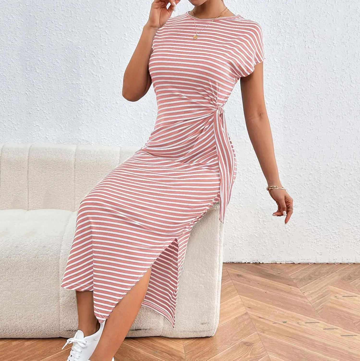 Women's Striped Round Neck Midi Dress Casual Fashion Color Block Short Sleeve Side Tie Knot Split Long Travel Dresses