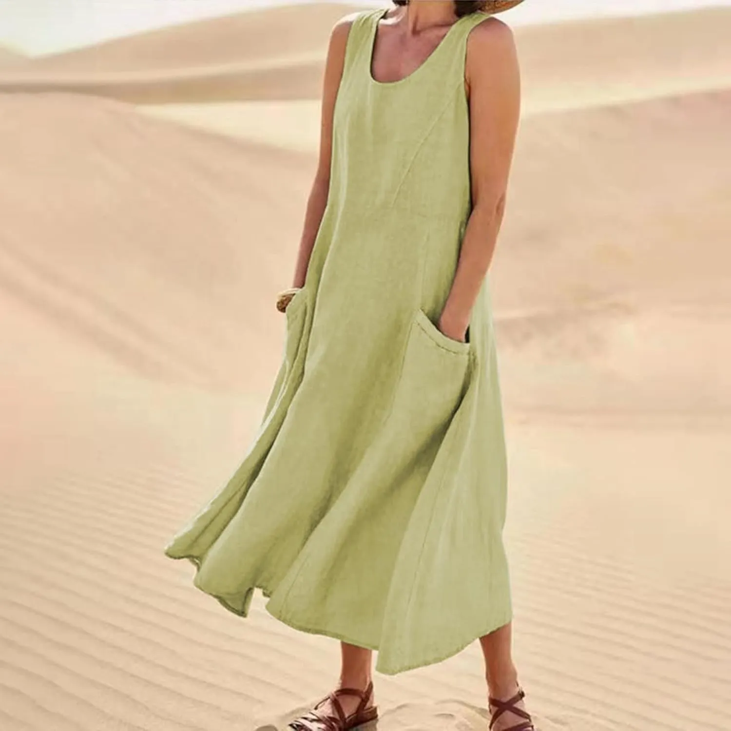 Women's Summer 2022 Casual Fashion Solid Cotton and Short Sleeve Medium Long Dress