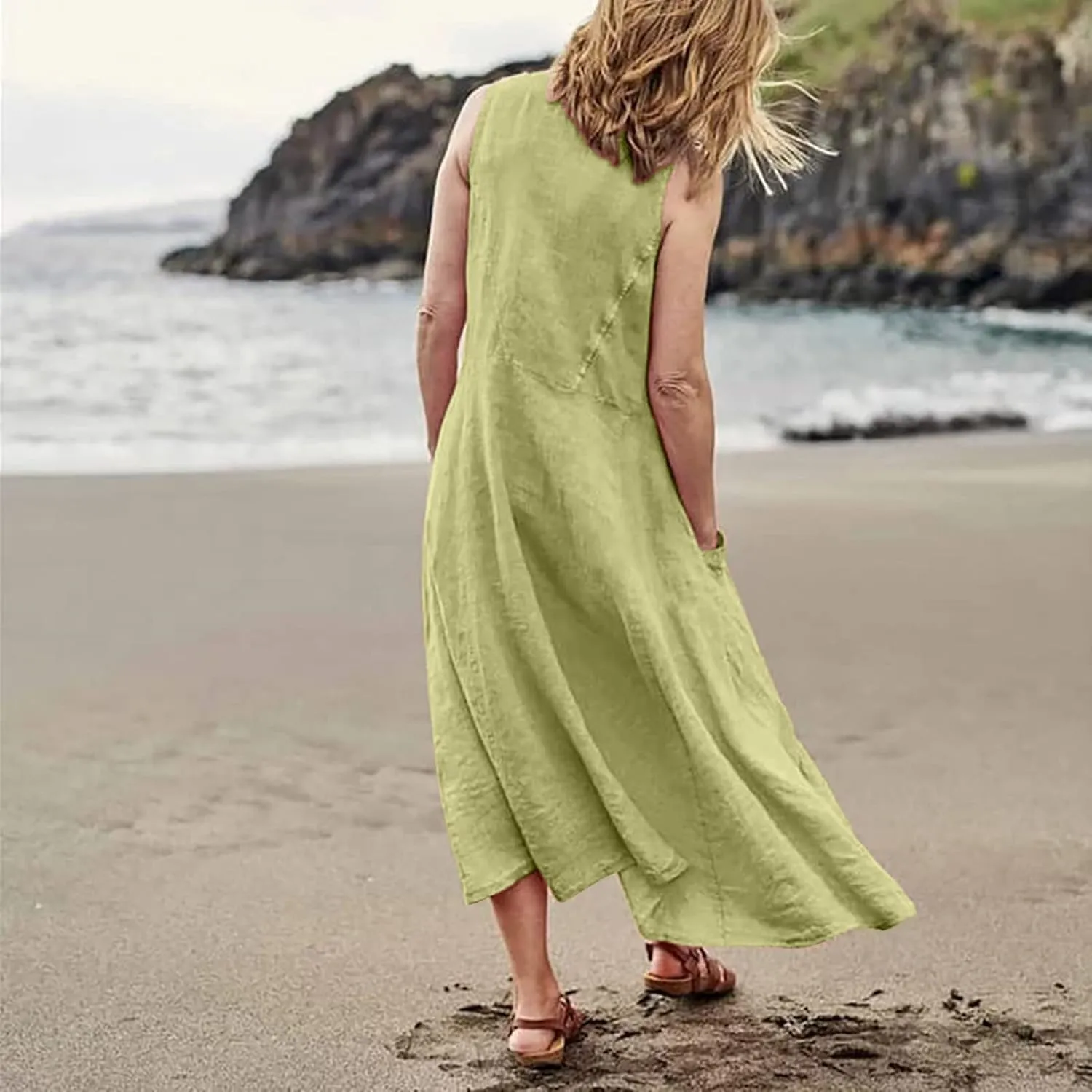 Women's Summer 2022 Casual Fashion Solid Cotton and Short Sleeve Medium Long Dress