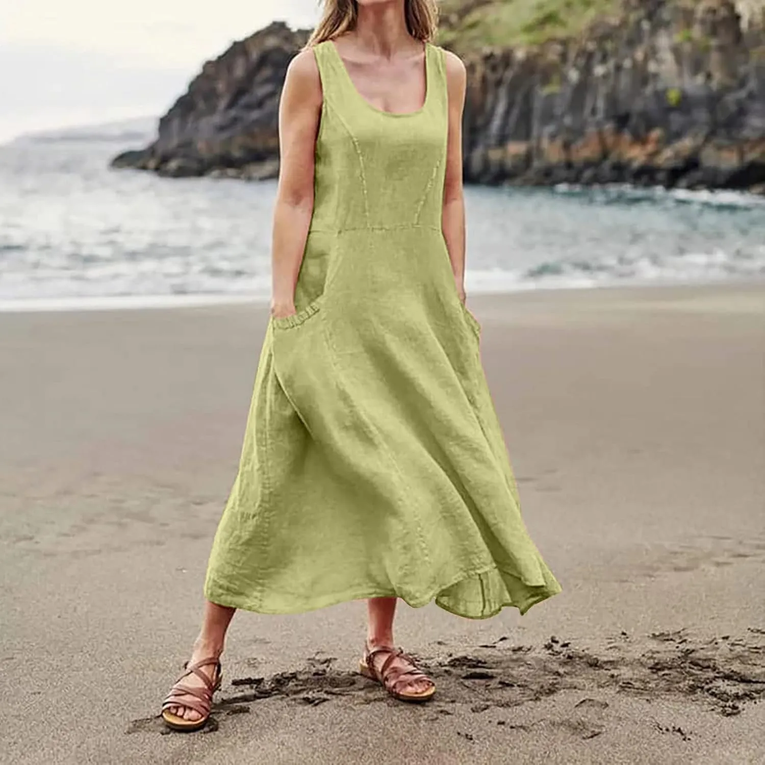 Women's Summer 2022 Casual Fashion Solid Cotton and Short Sleeve Medium Long Dress