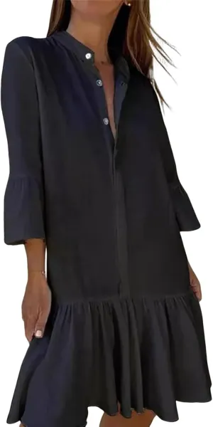 Womens Summer Button Down Shirt Dress Casual Loose Modest Long Ruffle Dresses Sexy V Neck Sundress Beach Dress