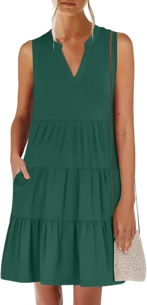 Women's Summer Casual V Neck Dress with Pocket Cute Sleeveless High Waist A-line Sundress Midi Dresses 2025
