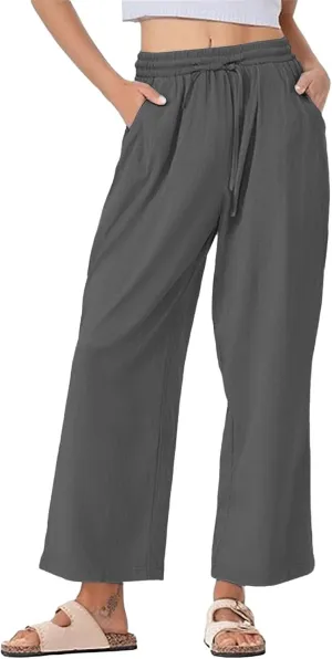 Women's Summer Cotton Linen Wide Leg Pants Drawstring high Waist Palazzo Flowy Beach Trousers