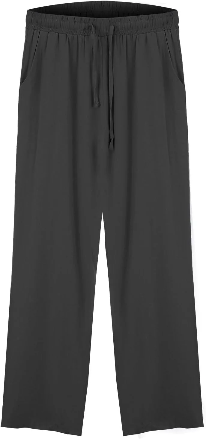 Women's Summer Cotton Linen Wide Leg Pants Drawstring high Waist Palazzo Flowy Beach Trousers