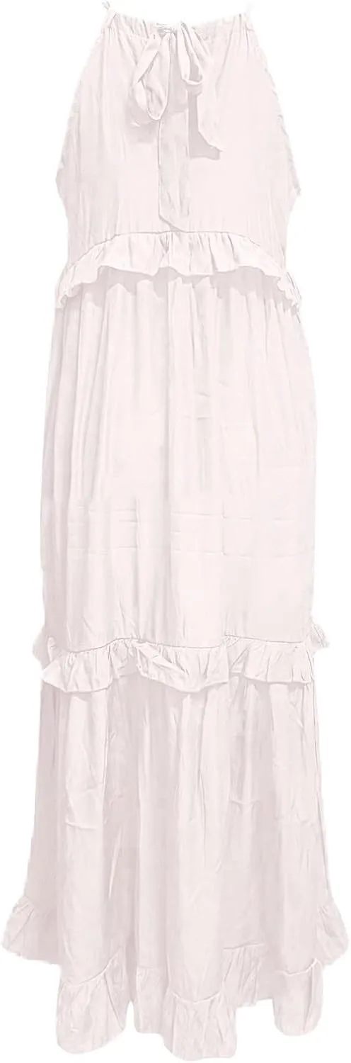 Womens Summer Cotton Sexy Backless Long Dresses Women Dresses Spaghetti Strap Scoop Neck Smocked Ruffle Flowy Boho Maxi Dress