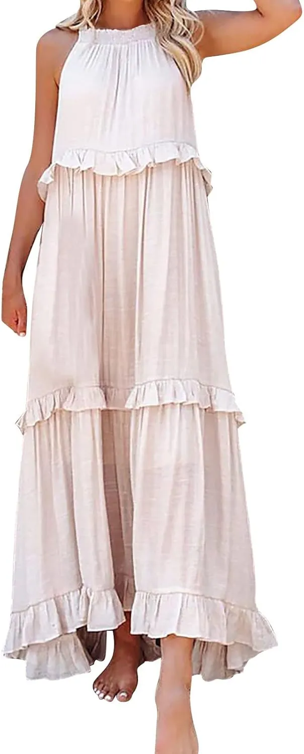 Womens Summer Cotton Sexy Backless Long Dresses Women Dresses Spaghetti Strap Scoop Neck Smocked Ruffle Flowy Boho Maxi Dress