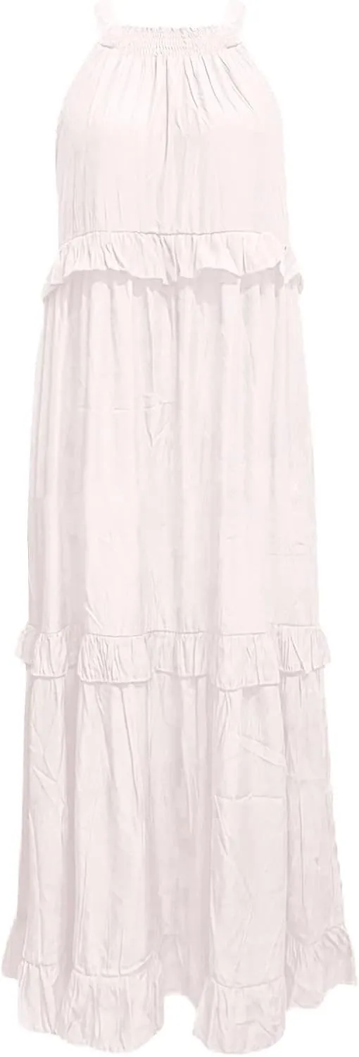 Womens Summer Cotton Sexy Backless Long Dresses Women Dresses Spaghetti Strap Scoop Neck Smocked Ruffle Flowy Boho Maxi Dress