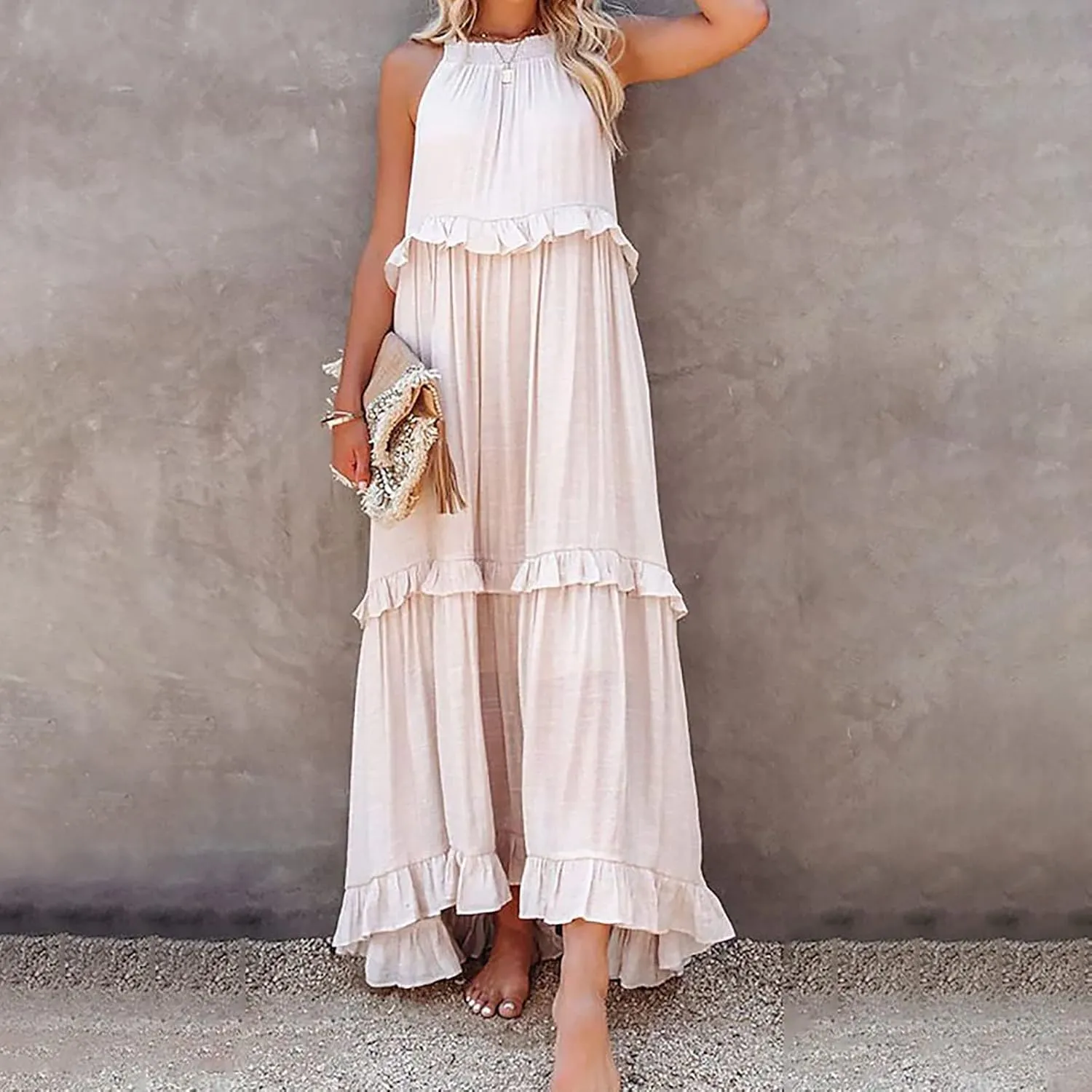 Womens Summer Cotton Sexy Backless Long Dresses Women Dresses Spaghetti Strap Scoop Neck Smocked Ruffle Flowy Boho Maxi Dress