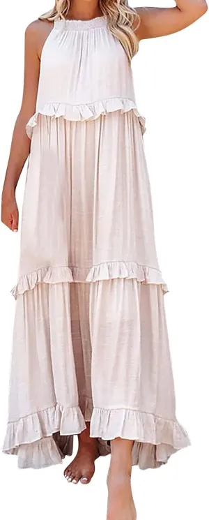Womens Summer Cotton Sexy Backless Long Dresses Women Dresses Spaghetti Strap Scoop Neck Smocked Ruffle Flowy Boho Maxi Dress