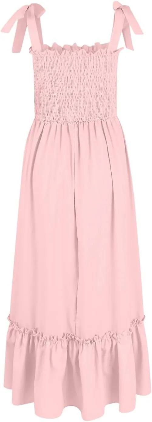 Womens Summer Dresses 2024 Boho Spaghetti Strap Square Neck Maxi Dress Flowy Ruffle Tiered A Line Beach Sundress with Pockets