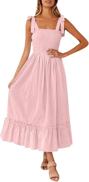 Womens Summer Dresses 2024 Boho Spaghetti Strap Square Neck Maxi Dress Flowy Ruffle Tiered A Line Beach Sundress with Pockets