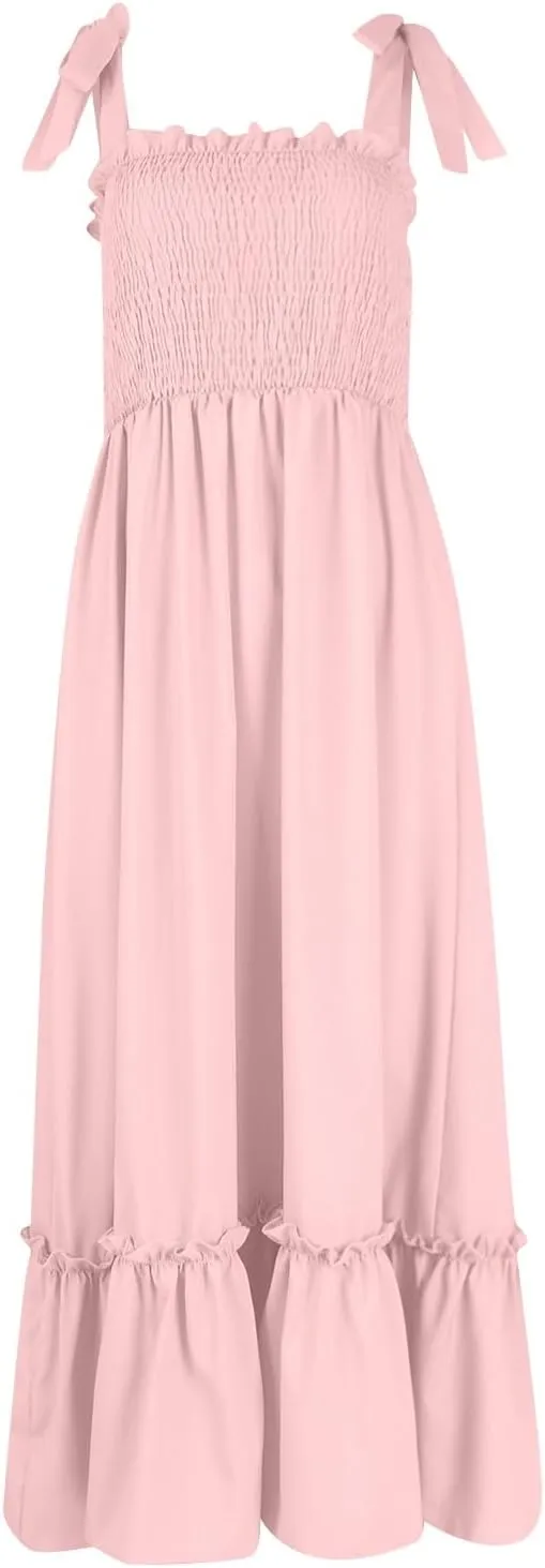 Womens Summer Dresses 2024 Boho Spaghetti Strap Square Neck Maxi Dress Flowy Ruffle Tiered A Line Beach Sundress with Pockets
