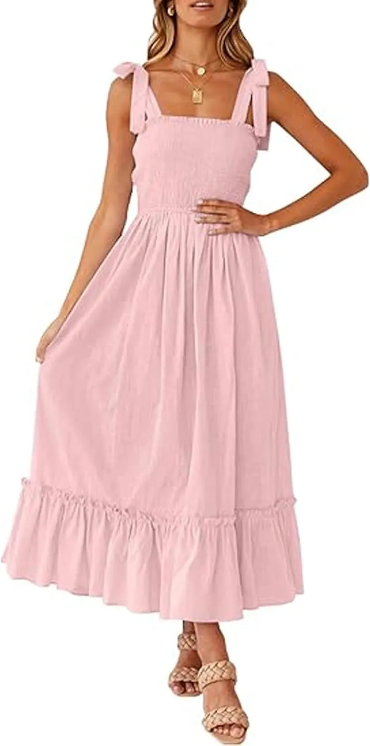 Womens Summer Dresses 2024 Boho Spaghetti Strap Square Neck Maxi Dress Flowy Ruffle Tiered A Line Beach Sundress with Pockets