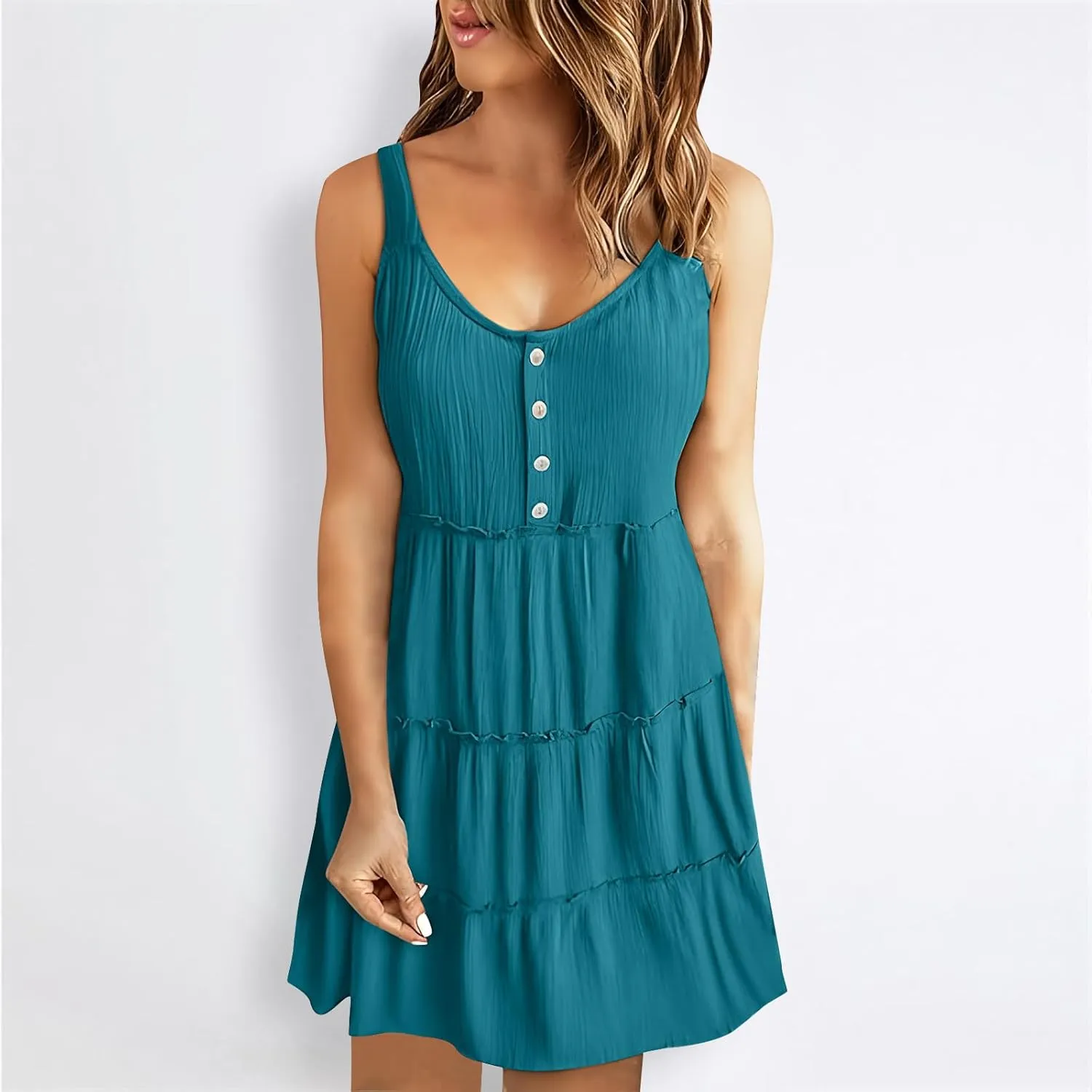 Womens Summer Dresses 2024 Sleeveless Spaghetti Strap Button Crew Neck Beach Sundress Ruffle Tiered Casual Swing Mini Dress