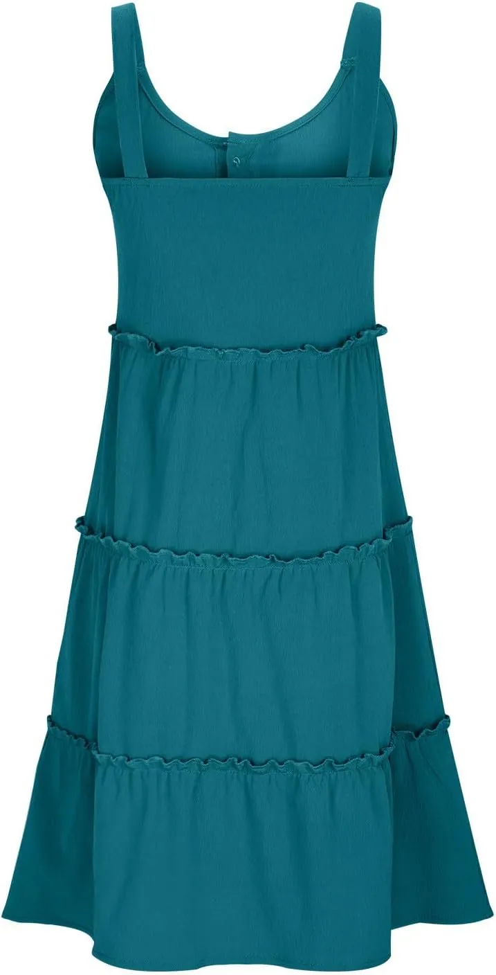 Womens Summer Dresses 2024 Sleeveless Spaghetti Strap Button Crew Neck Beach Sundress Ruffle Tiered Casual Swing Mini Dress