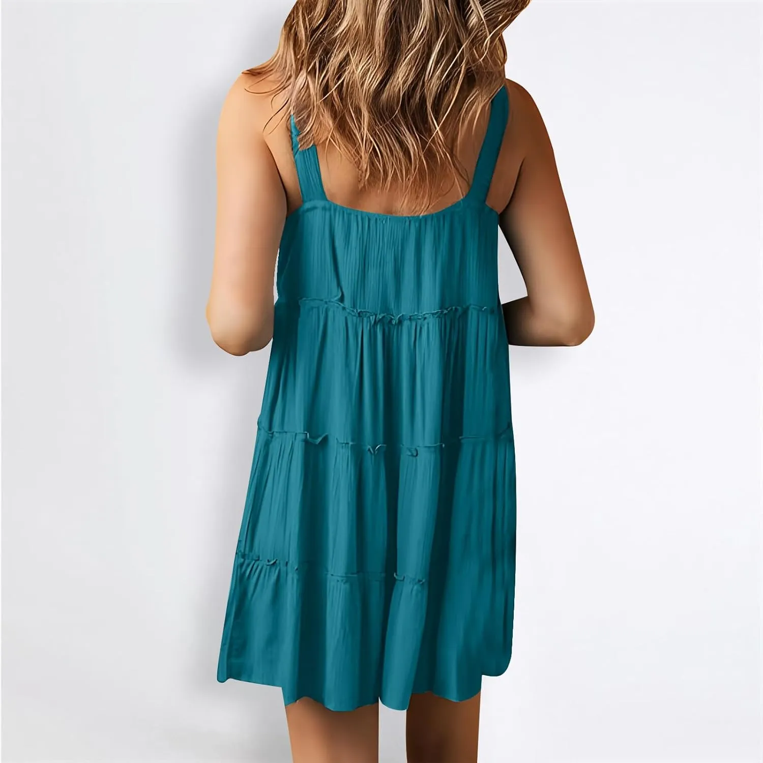 Womens Summer Dresses 2024 Sleeveless Spaghetti Strap Button Crew Neck Beach Sundress Ruffle Tiered Casual Swing Mini Dress