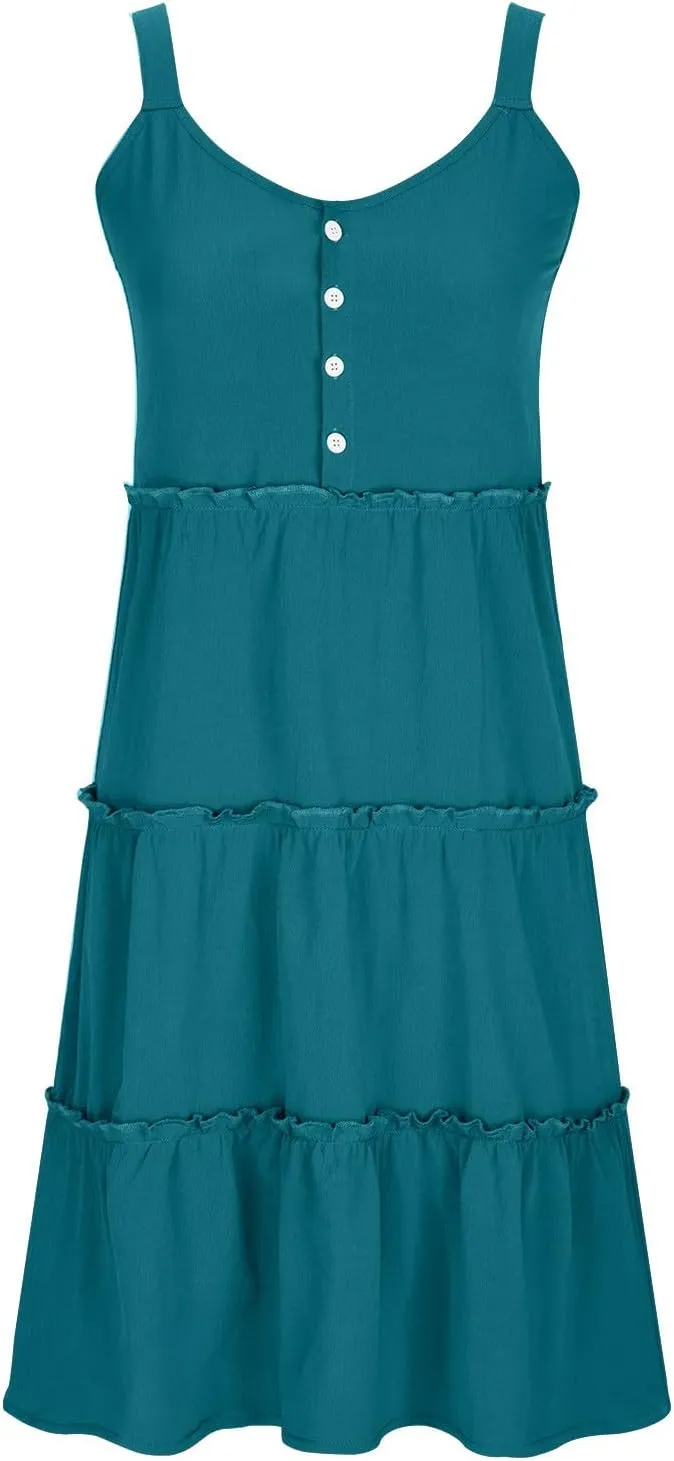 Womens Summer Dresses 2024 Sleeveless Spaghetti Strap Button Crew Neck Beach Sundress Ruffle Tiered Casual Swing Mini Dress