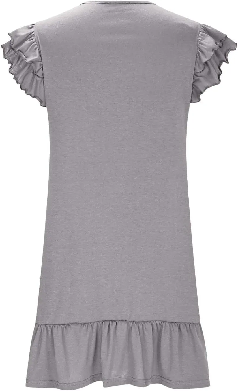 Women's Summer Dresses 2025 Ruffle Short Sleeve Smocked V Neck Casual Loose A-Line Swing Mini Dress Cocktail Sundress