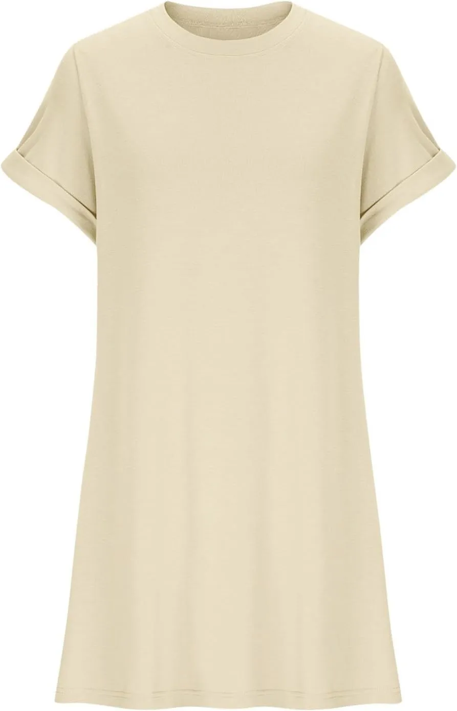 Womens Summer Dresses 2025 Trendy Short Sleeve Crew Neck Mini Dress Casual Loose Fit Knee Length Dress with Pockets