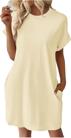 Womens Summer Dresses 2025 Trendy Short Sleeve Crew Neck Mini Dress Casual Loose Fit Knee Length Dress with Pockets
