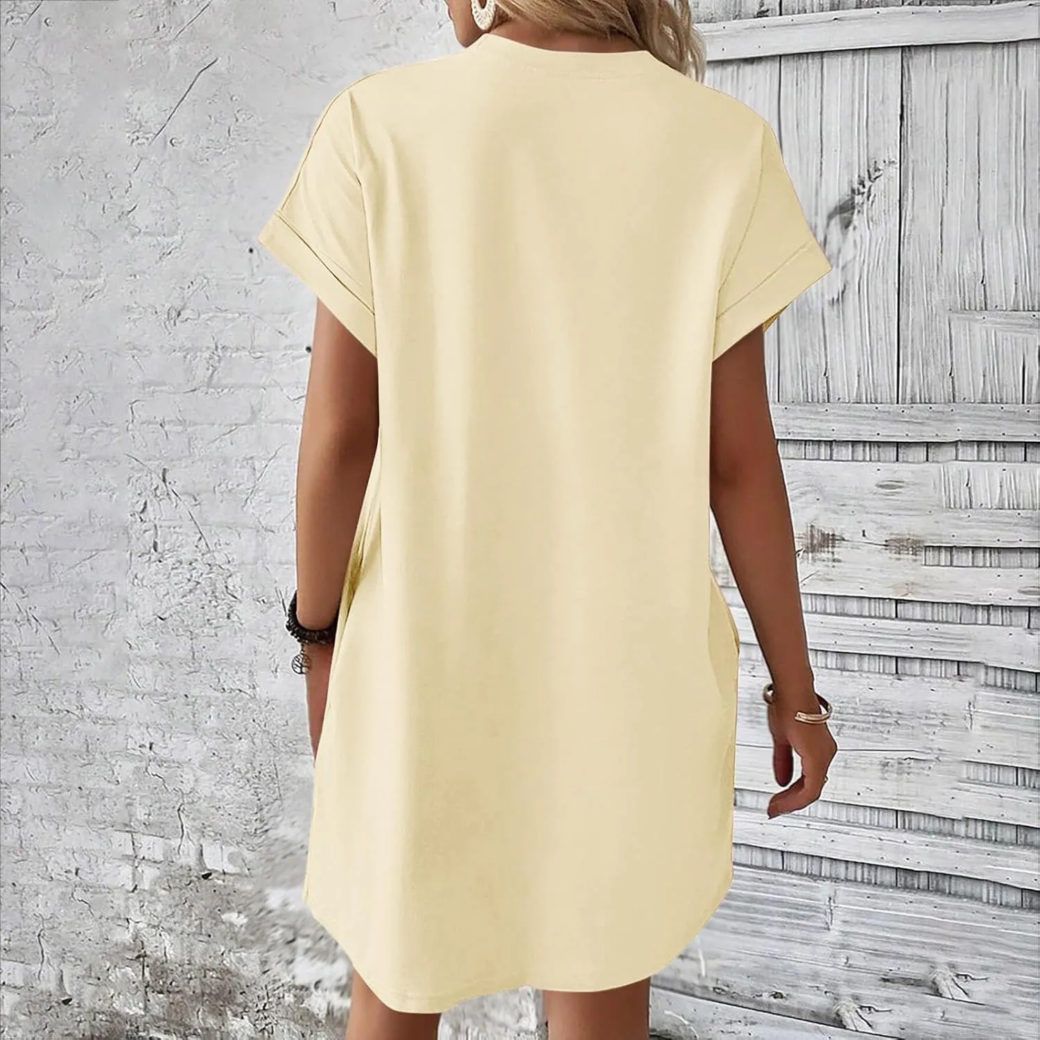 Womens Summer Dresses 2025 Trendy Short Sleeve Crew Neck Mini Dress Casual Loose Fit Knee Length Dress with Pockets