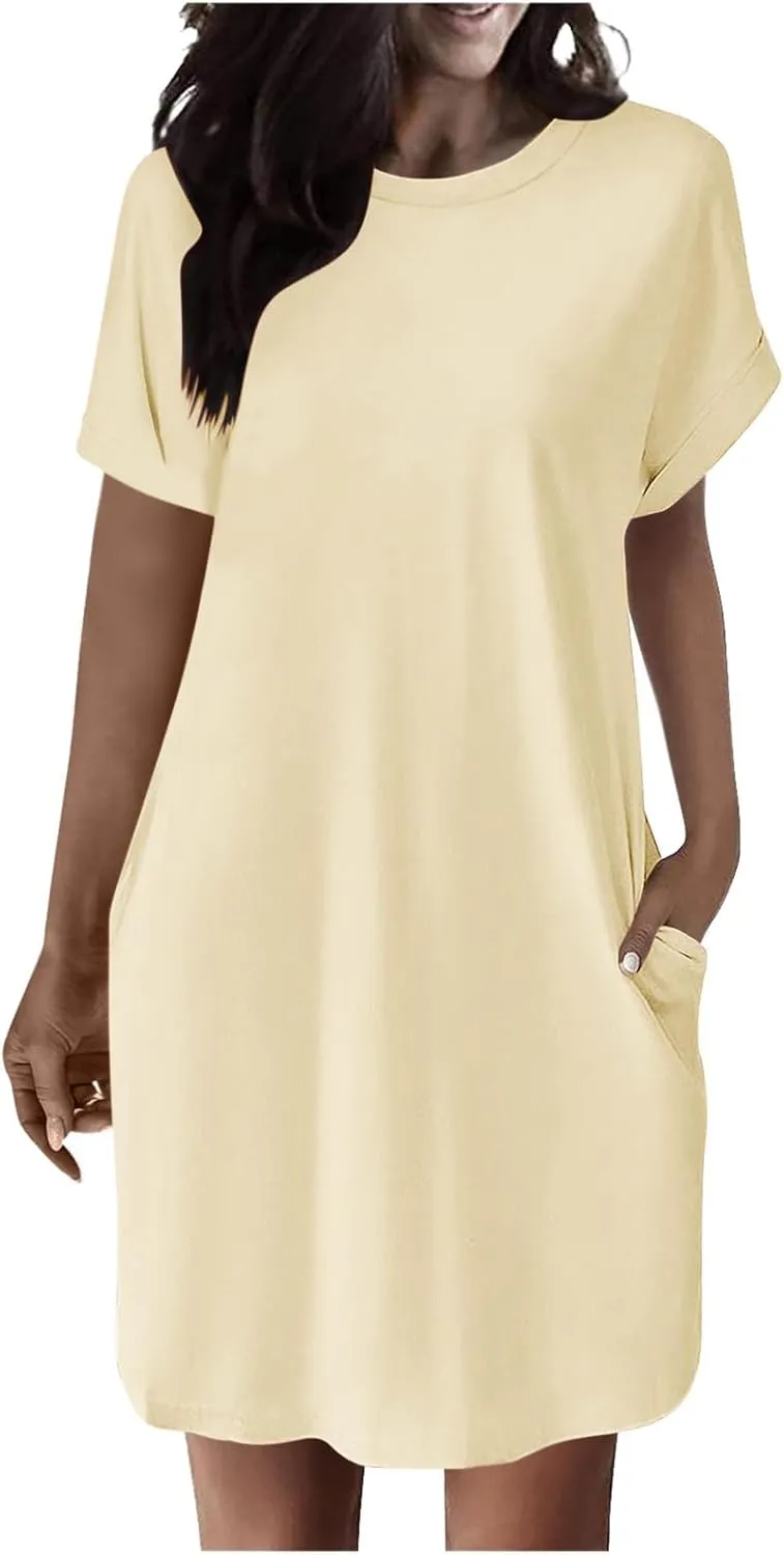 Womens Summer Dresses 2025 Trendy Short Sleeve Crew Neck Mini Dress Casual Loose Fit Knee Length Dress with Pockets