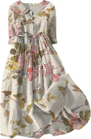 Womens Summer Dresses Boho Floral Lapel Neck Button Casual A-Line Lace-Up Dress Cruise Outfits 2024 Blue Dresses
