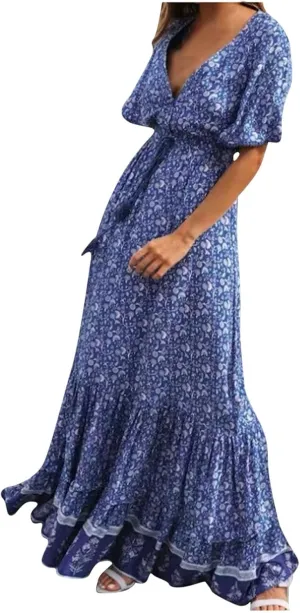 Womens Summer Dresses Boho Floral V Neck Short Sleeve Long Maxi Dress Tie Waist Beach Flowy Tiered Ethnic Sundress