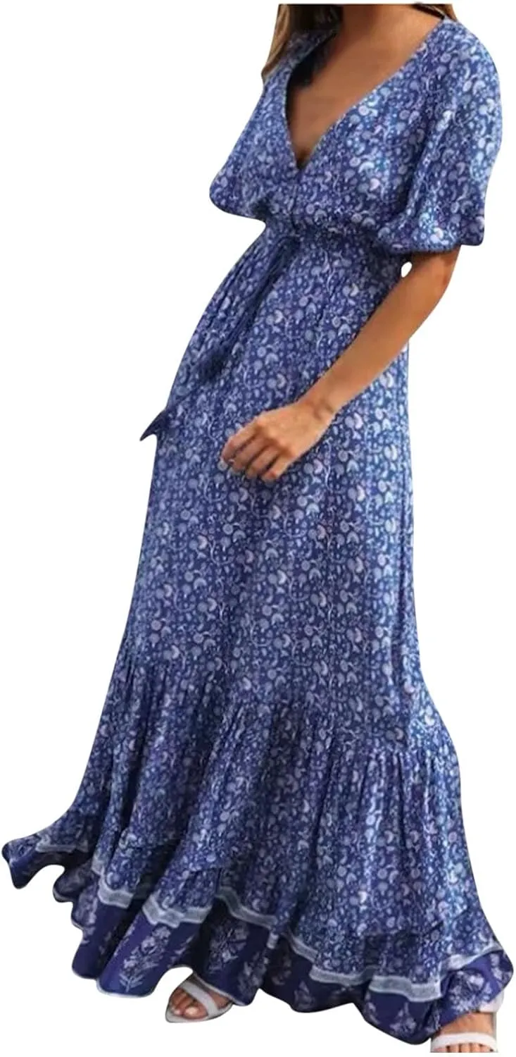 Womens Summer Dresses Boho Floral V Neck Short Sleeve Long Maxi Dress Tie Waist Beach Flowy Tiered Ethnic Sundress