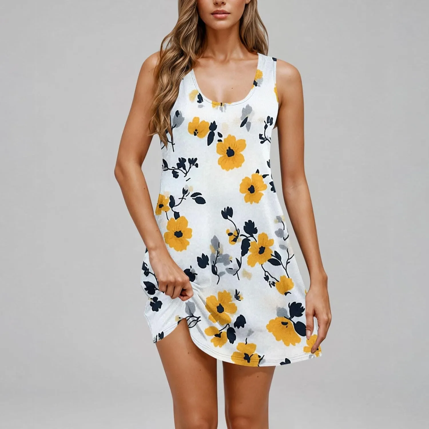 Womens Summer Dresses Casual Sleeveless Tshirt Sundress Loose Flowy Boho Floral Print Beach Cover Up Loose Tank Dress