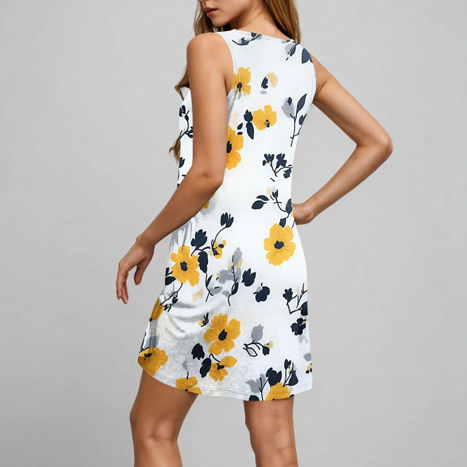 Womens Summer Dresses Casual Sleeveless Tshirt Sundress Loose Flowy Boho Floral Print Beach Cover Up Loose Tank Dress