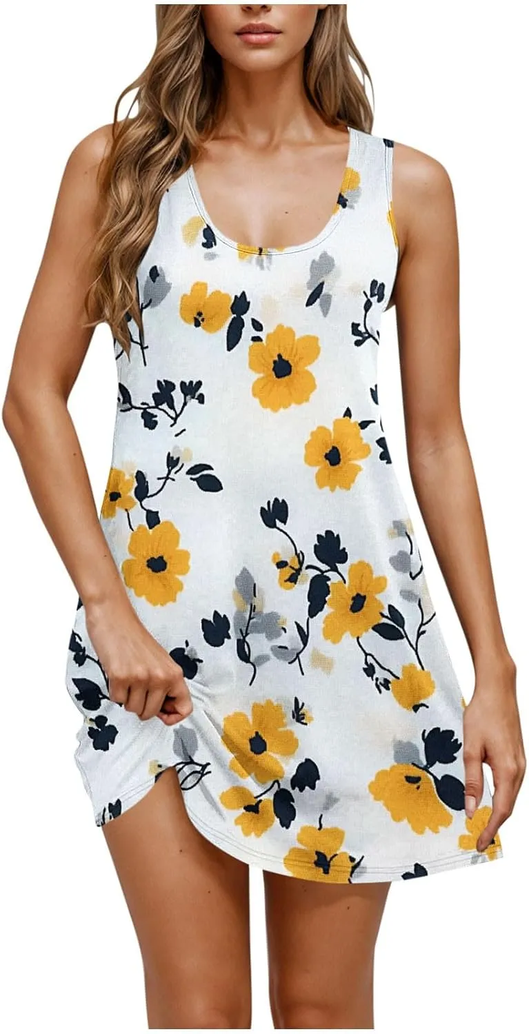 Womens Summer Dresses Casual Sleeveless Tshirt Sundress Loose Flowy Boho Floral Print Beach Cover Up Loose Tank Dress