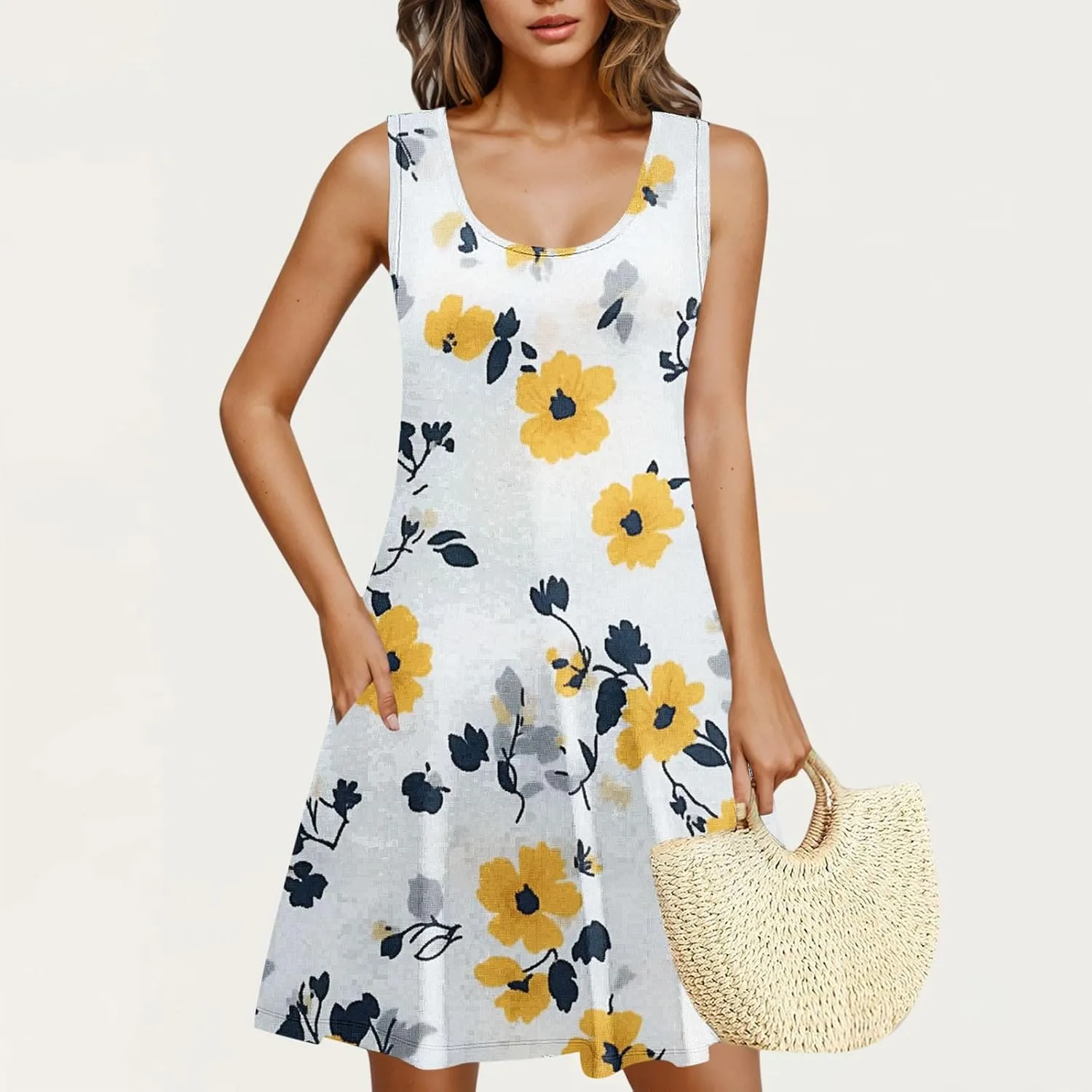 Womens Summer Dresses Casual Sleeveless Tshirt Sundress Loose Flowy Boho Floral Print Beach Cover Up Loose Tank Dress