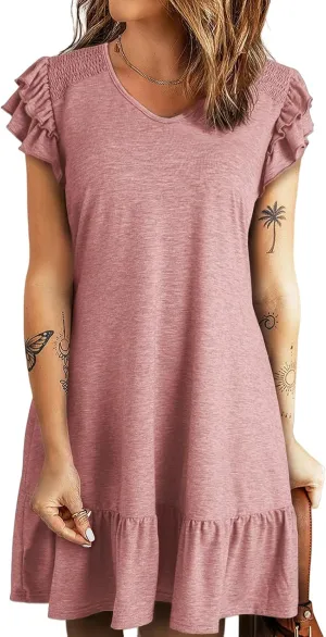 Womens Summer Dresses Ruffle Cap Sleeve Mini Dress Loose Pleated V Neck A-Line Swing Tshirt Dress Sundress