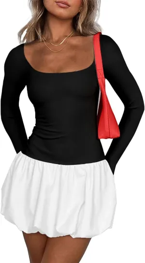 Womens Summer Dresses Sexy Bubble Mini Dress Square Neck Long Sleeve Color Block Skirts Slim Fit Party Dresses