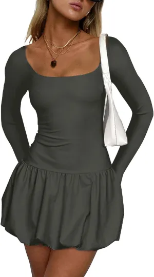 Womens Summer Dresses Sexy Bubble Mini Dress Square Neck Long Sleeve Color Block Skirts Slim Fit Party Dresses