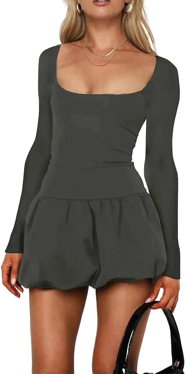 Womens Summer Dresses Sexy Bubble Mini Dress Square Neck Long Sleeve Color Block Skirts Slim Fit Party Dresses
