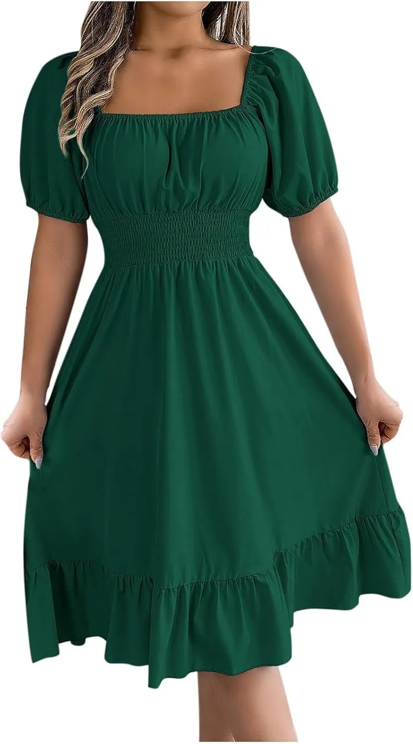 Womens Summer Dresses Short Sleeve Casual Swing Dress Elegant Square Neck Empire Waist Ruffle Sundress 2024