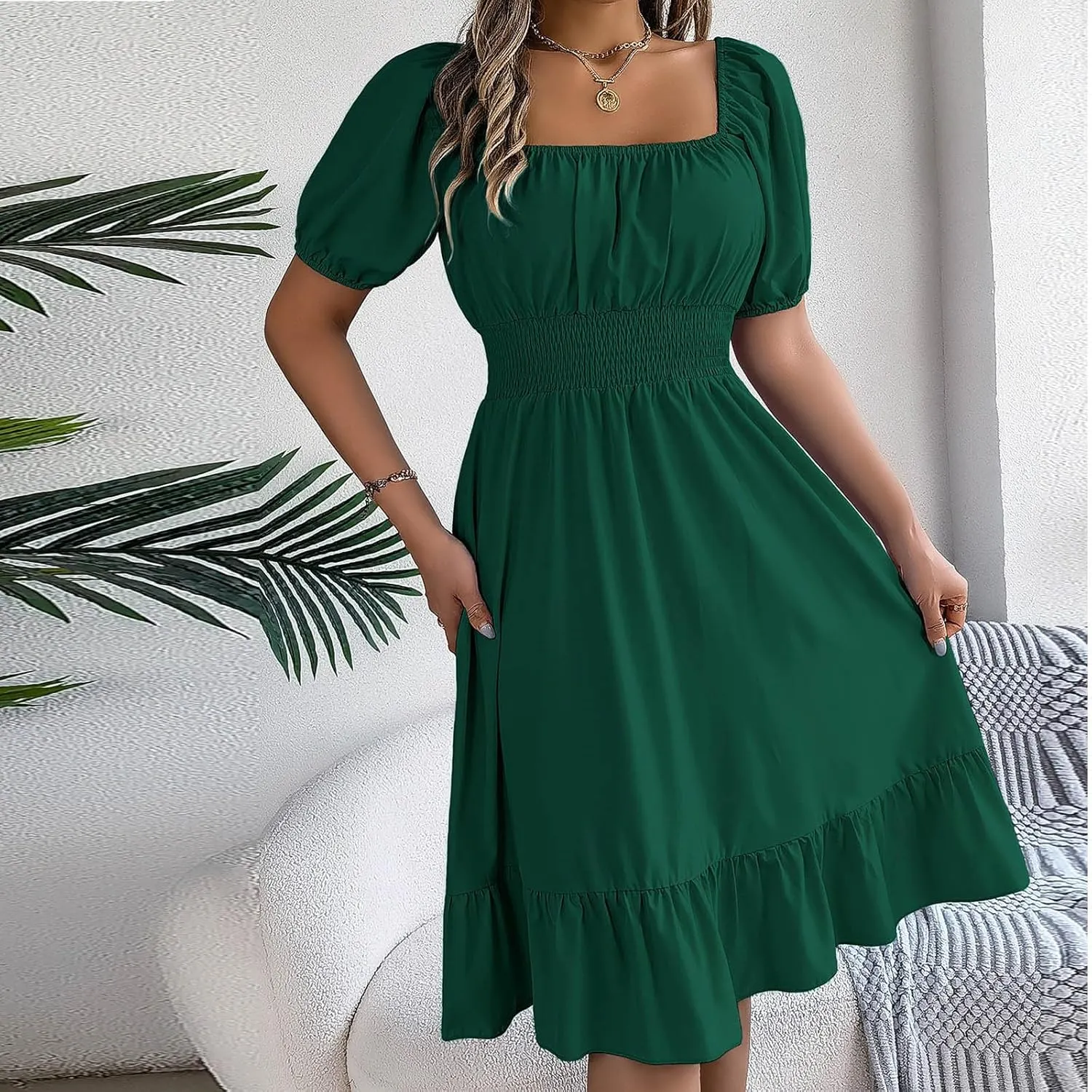 Womens Summer Dresses Short Sleeve Casual Swing Dress Elegant Square Neck Empire Waist Ruffle Sundress 2024