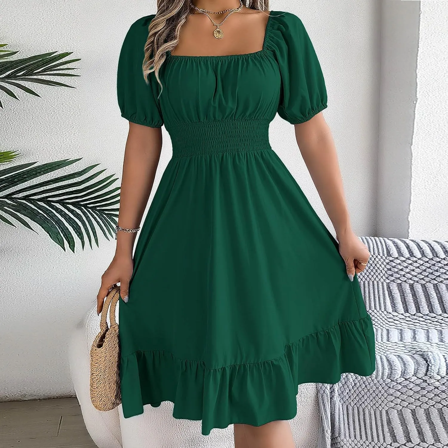 Womens Summer Dresses Short Sleeve Casual Swing Dress Elegant Square Neck Empire Waist Ruffle Sundress 2024
